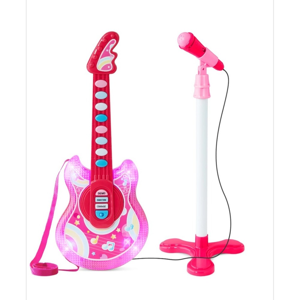 19-Inch Kids Electric Toy Guitar with Microphone and Stand pink